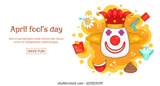 Fools day banner horizontal concept clown. Cartoon illustration of fools day clown banner horizontal vector for web