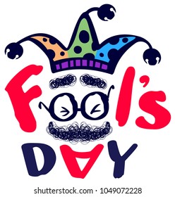 Fools day clown text greeting card isolated. Vector cartoon illustration