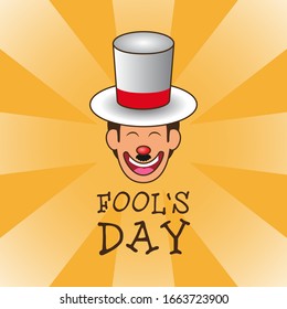 fool's day greeting card with cartoon clown head and yellow background