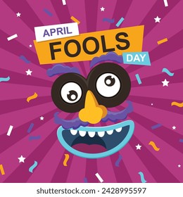 Fools day greeting card with funny face. Vector illustration