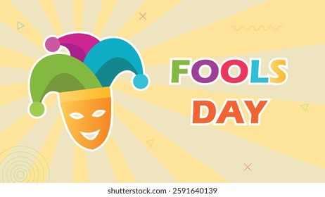 Fools day, Happy clown mask and joker hat, celebrate jokes and hoaxes, funny prank event