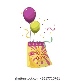 Fools day holiday in flat design. Festival date in calendar with balloons. Vector illustration isolated.