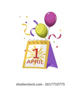 Fools day holiday in flat design. First april at calendar with balloons. Vector illustration isolated.