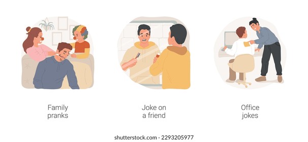 Fools day isolated cartoon vector illustration set. Family prank, children painting fathers face, colored tooth brush joke on a friend, office fun, laughing colleague put sticker vector cartoon.