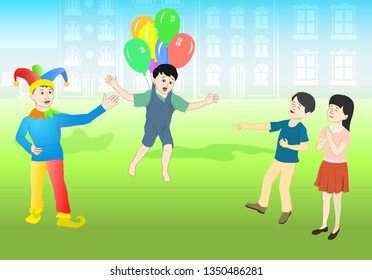 Fools Day man show his ability and rejoice children, kid tied to balloons flying, children laughing, vector illustration