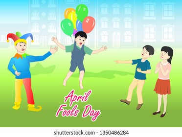 Fools Day man show his ability and rejoice children, kid tied to balloons flying, children laughing, vector illustration
