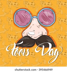 fools day Overhead sunglasses mustache and nose. set of clown