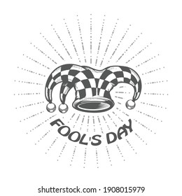 Fools day poster, jester or joker checked hat with bells, harlequin headwear, vector