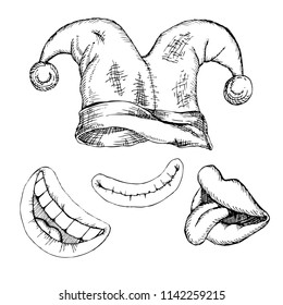 Fool's day. A set of isolated objects for a day of laughter design. Monochrome hand drawing in sketch style on white background. Jester's cap, lips. Vector.