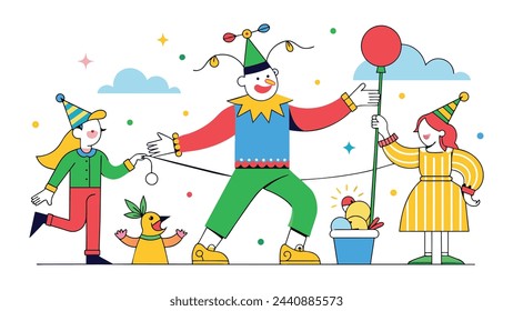 Fool's day with Three people celebration random shape line drawing isolated flat vector illustration on white background