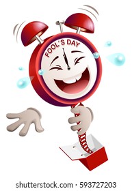 Fools day time. Clock hours service laughs surprise on spring from box. Isolated on white vector illustration