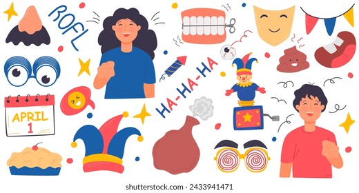 Fool's Day Vector Set. 1 April. Laughter. Objects for a prank.