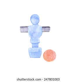 Foosball player and ball. Watercolor object on the white background, aquarelle. Vector illustration. Hand-drawn decorative element useful for invitations, scrapbooking, design.