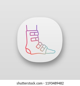 Foot ankle brace app icon. Foot orthosis. Leg brace. Adjustable ankle joint bandage. UI/UX user interface. Joint pain relief, muscle sprain treatment. Web application. Vector isolated illustration