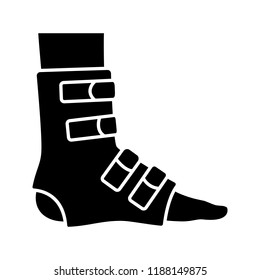 Foot ankle brace glyph icon. Foot orthosis. Leg brace. Adjustable ankle joint bandage. Silhouette symbol. Joint pain relief, muscle sprain treatment. Negative space. Vector isolated illustration