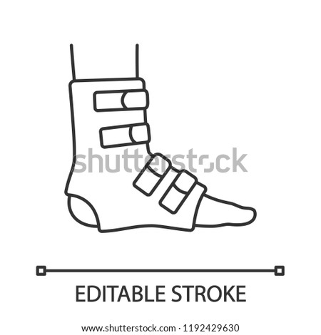 Foot ankle brace linear icon. Foot orthosis. Thin line illustration. Leg brace. Adjustable ankle joint bandage. Joint pain relief. Contour symbol. Vector isolated outline drawing. Editable stroke