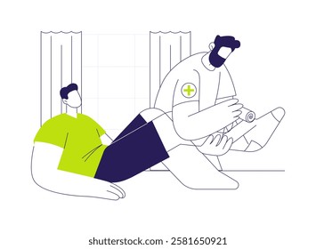 Foot and ankle orthopaedics abstract concept vector illustration. Doctor bandages patients foot and knee in hospital, medicine sector, orthopaedic surgery, ankle disorders abstract metaphor.