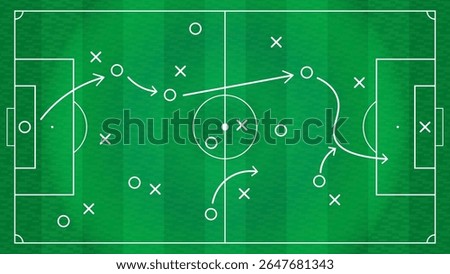 foot ball game plan, strategy, players position tracking with circle, cross with ball path in field template