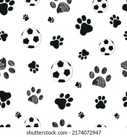 
Foot ball and racket paw prints seamless fabric design pattern
