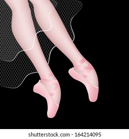 Foot of the ballerina in pointes, pink body stockings and a transparent skirt on a black background, vector illustration