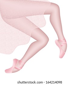 Foot of the ballerina in pointes, pink body stockings and a transparent skirt on a white background, vector illustration