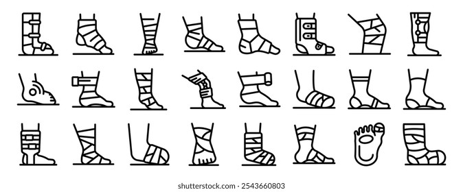 Foot bandage icons set. Collection of injured feet and ankles showcasing various bandaging techniques, braces, and support devices for recovery and pain relief