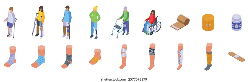  Foot bandage icons set. Patients recovering from injuries using crutches, walkers, wheelchairs, and various bandages and supports