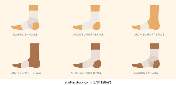 Foot bandage types.Multi-ethnic  Elastic wrap, compression brace, ankle and arch support. Vector medical and health care illustration. svg
