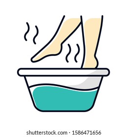 Foot bath color icon. Leg in hot water. Spa treatment. Common cold treatment. Healthcare and skincare. Wellness. Flu infection, influenza virus aid. Sickness help. Isolated vector illustration