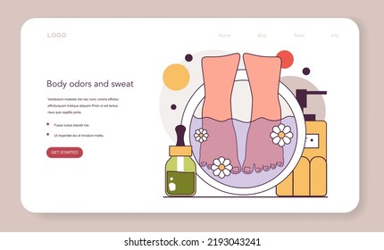 Baño de pies con flores y aceites. Pies en el procedimiento de pedicura del spa. Procedimiento de higiene rodeado de herramientas de cosmetología. Ilustración vectorial plana