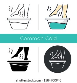 Foot bath icon. Leg in hot water. Spa treatment. Common cold treatment. Healthcare and skincare. Wellness. Flu aid. Sickness help. Flat design, linear and color styles. Isolated vector illustrations