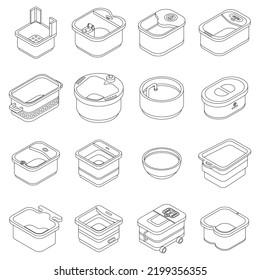 Foot bath icons set. Isometric set of foot bath vector icons outline thin lne isolated on white