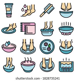 Foot bath icons set. Outline set of foot bath vector icons thin line color flat on white