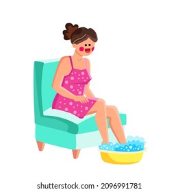 Foot Bath Therapeutical Procedure Make Girl Vector. Young Woman Foot Bath In Beauty Salon, Making Hygiene Purity Treatment. Character Relaxing And Bathing Legs Flat Cartoon Illustration