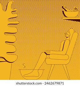 Foot baths with essential oils. Aromatherapy for legs. SPA design concept.  Isolated vector illustration in retro style.