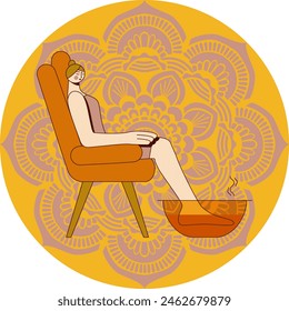 Foot baths with essential oils. Aromatherapy for legs. SPA design concept.  Isolated flat vector illustration in circle shape.