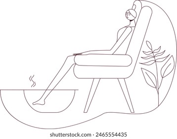 Foot baths with essential oils. Aromatherapy for legs. SPA design concept. Contour drawing. Isolated vector illustration.