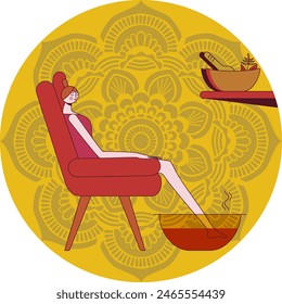 Foot baths with essential oils. Aromatherapy for legs. SPA design concept. Isolated flat vector illustration in circle shape.