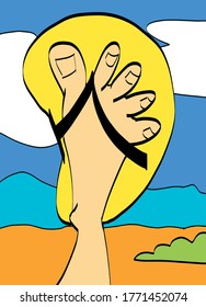  a foot with a beach slipper. In the background we have sand, sea and sky in a typical summer landscape