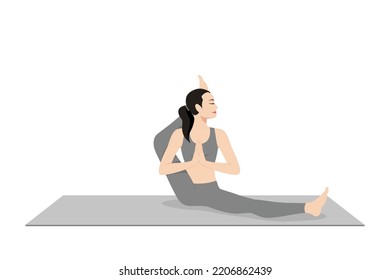 Foot Behind the Head Pose. Beautiful girl practice Eka Pada Sirsasana. Young attractive woman practicing yoga exercise. working out, black wearing sportswear, grey pants and top, indoor full length