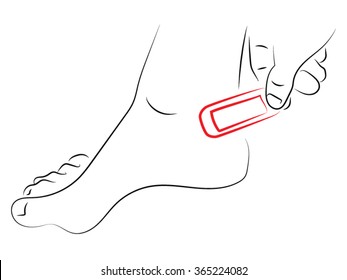 Foot blister care plaster vector. A man cling a paper on his leg. in the hand grater for heels. Pencil drawing, vector illustration on hygiene legs. 