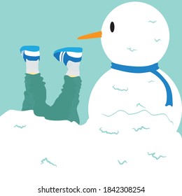 foot of a boy playing in the snow with a snowman in winter. illustartion vector foot of a boy