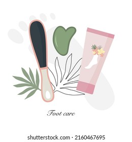 Foot care concept. Cream, file, gouache scraper. Vector illustration 