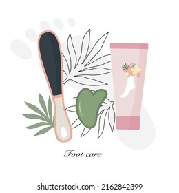 Foot care concept. Cream, file, gouache scraper. Vector illustration 