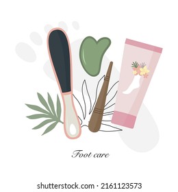 Foot care concept. Cream, massage stick, file, gouache scraper. Vector illustration 