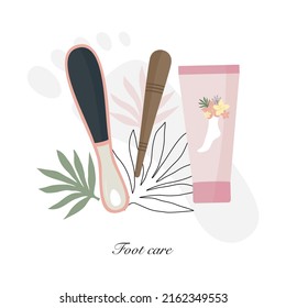 Foot care concept. Cream, massage stick, file. Vector illustration 