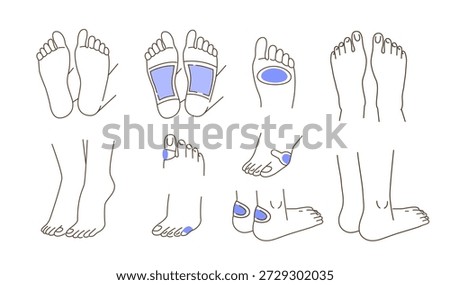Foot care concept set. Instruction how to use hydrocolloid patches  to toes, heels and soles against calluses, corns, blisters. Feet protection. Vector illustration.