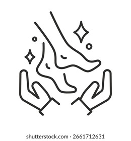 Ícone de cuidado do pé. Ilustração de vetor linear. Mãos com pernas. Símbolos simples. Pés de massagem. Logotipo do corpo do sistema de saúde.