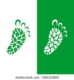 foot care logo with leaf shape, flat style, green leaves feet vector illustration, massage icon, modern healthy design
