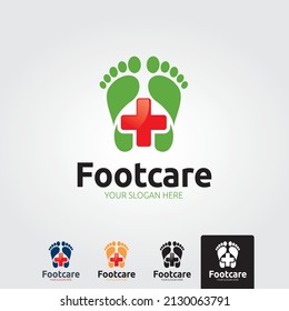 Foot care logo, Vector of footprints with symbol of health and clinic